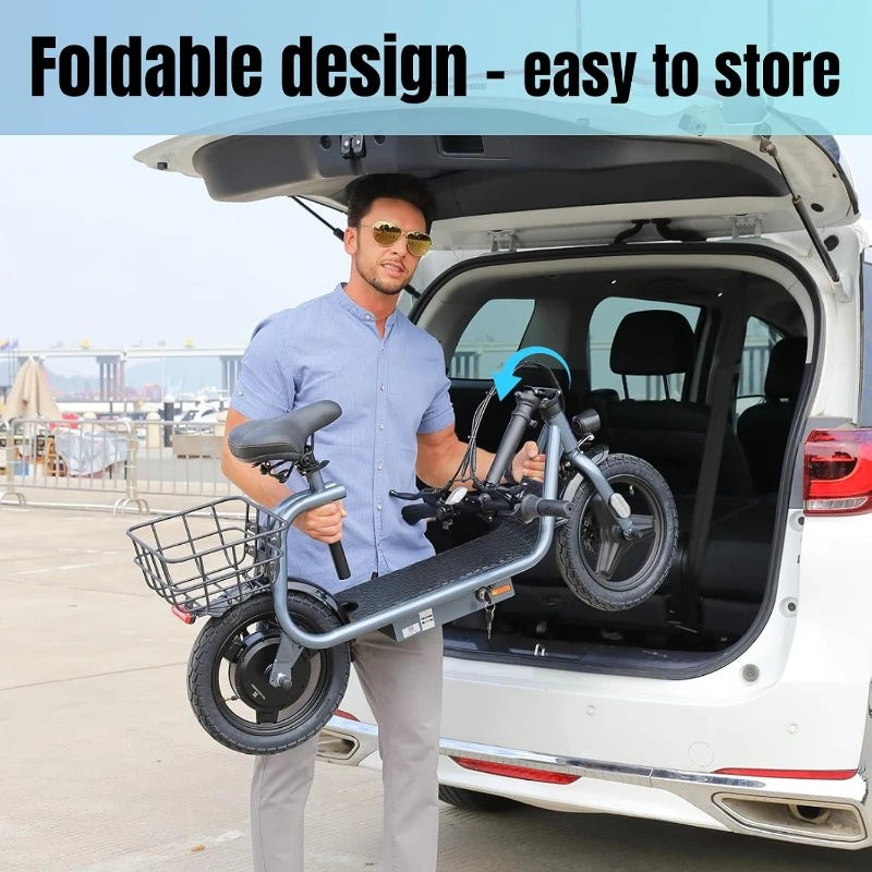 Adult electric scooter 14 inch tire, adjustable electric scooter with seat and basket, electric bike for adults and teenagers