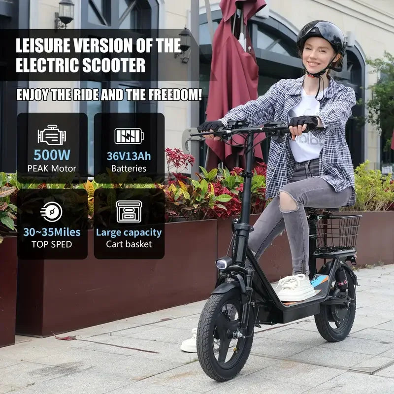 Adults Electric Scooter, 500W Motor, 30Miles Long Range With Seat, Dual Disc Brakes, 36V 13AH E-Scooter For Commuter