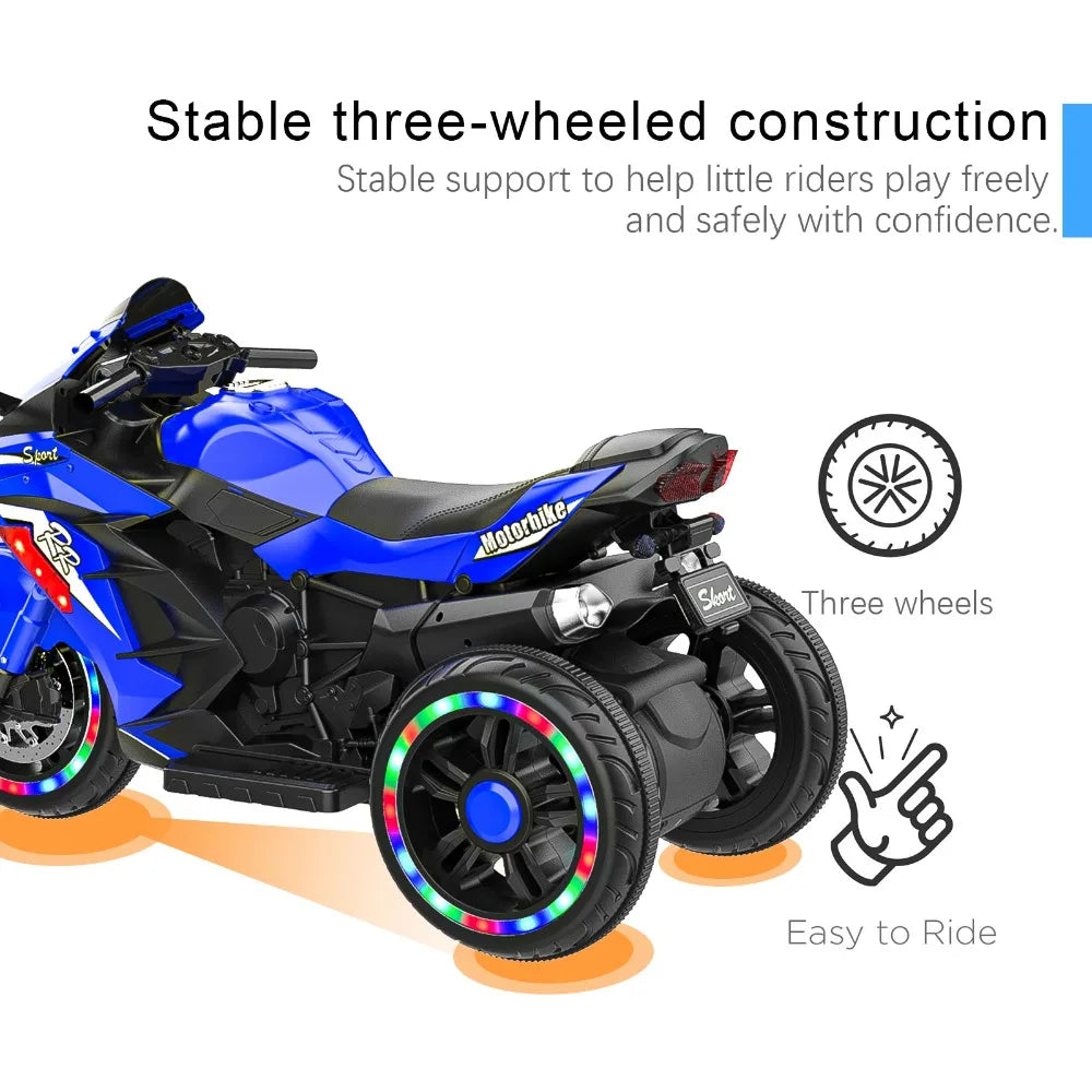 Electric Motorcycle for Kids, 12V Battery Powered Ride on Vehicles 3 Wheels Motorcycle with LED Lights, Bluetooth Music, Blue