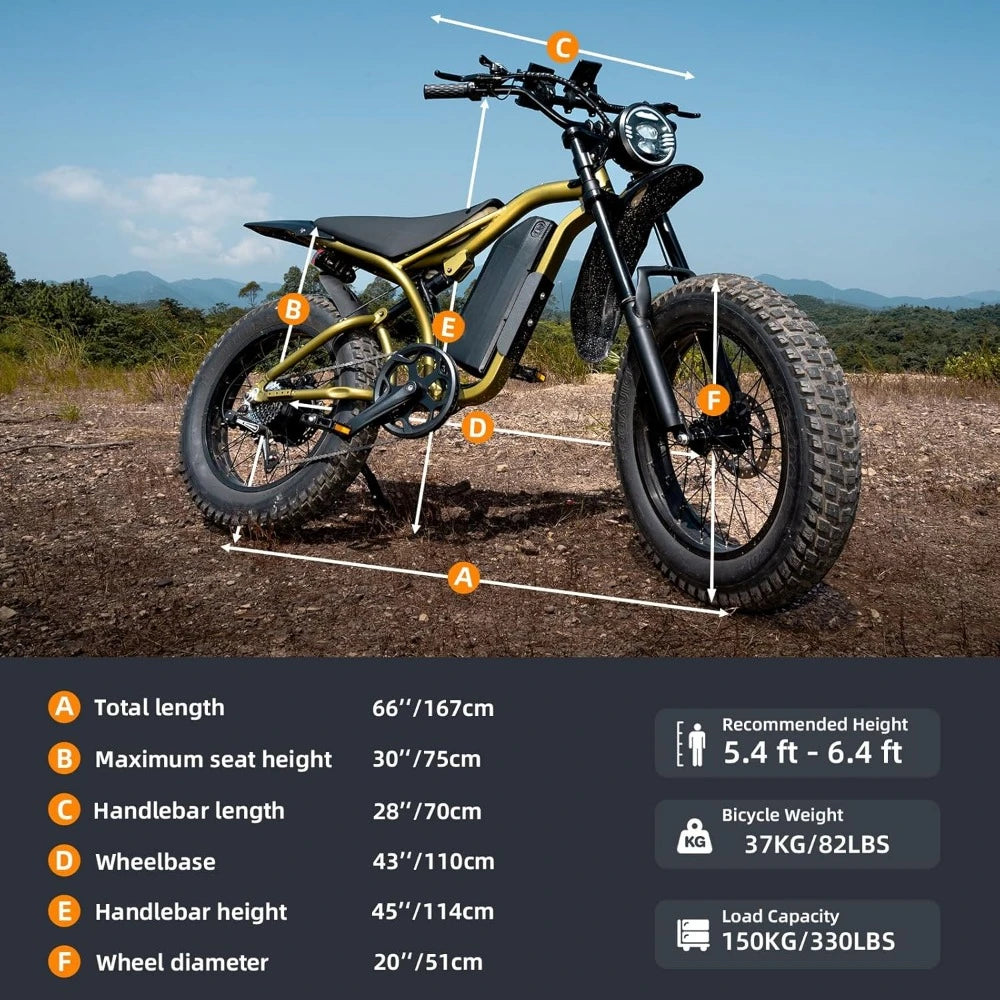 Electric Bike for Adults, Peak 1200W Motor, 20" Fat Tire, Dual Disc Brakes for Off-Road and City Riding, 7-Speed Bike