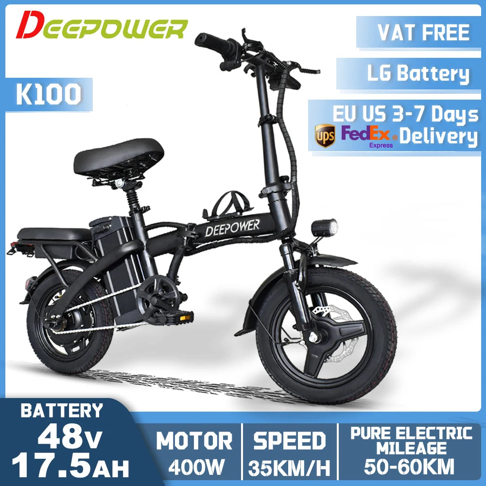 DEEPOWER K100 Electric Bike 400W 48V 10AH/30AH Foldable Adult Mini Ebike for City Commuters, Urban Commuting Electric Bicycle