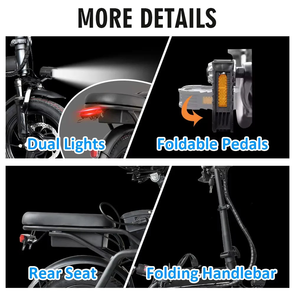 14 inch Electric Bike Folding 400W 48V 10AH 15AH Adults Ebike City Bicycle LED Turn Signal Lights 5 Shock Absorption