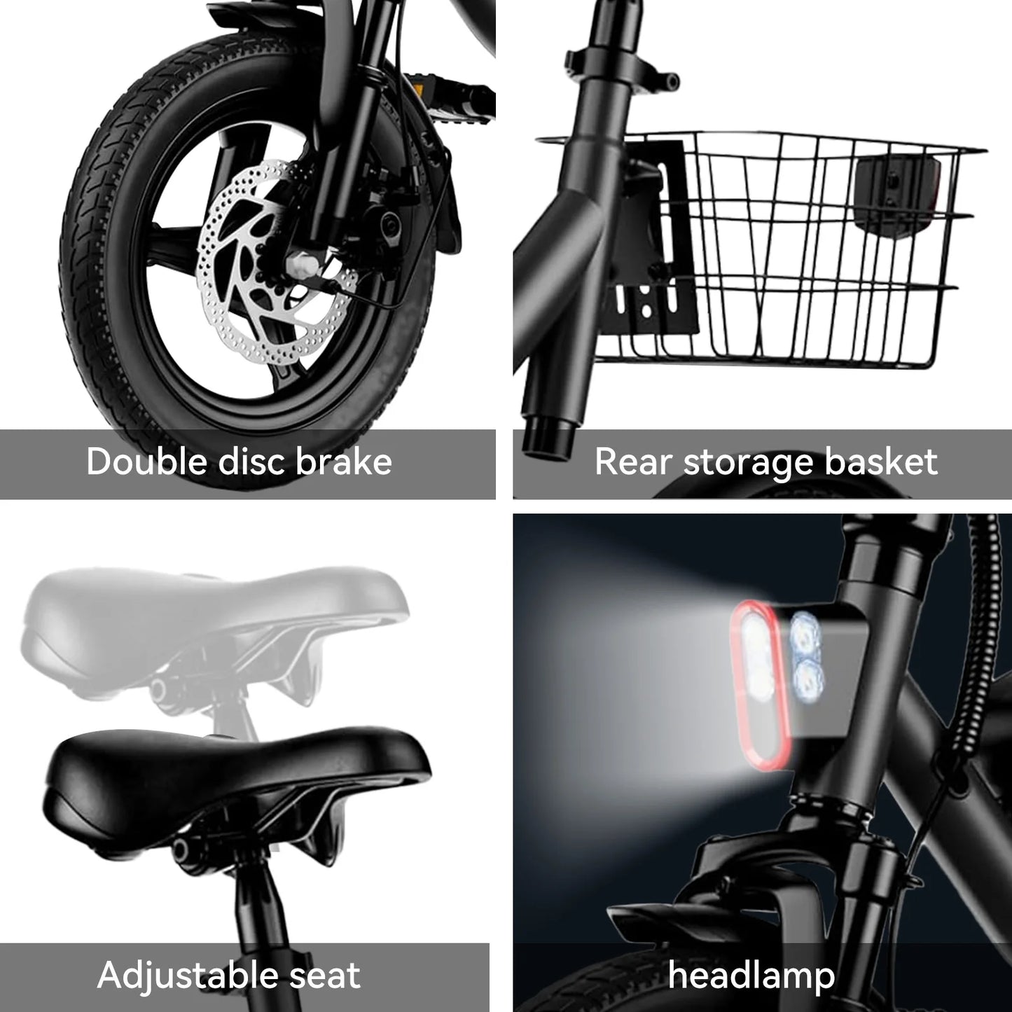 500W folding adult electric bicycle, 22MPH, 35 mile 14 inch tires dual suspension, 36V7.8AH battery, with seat and basket