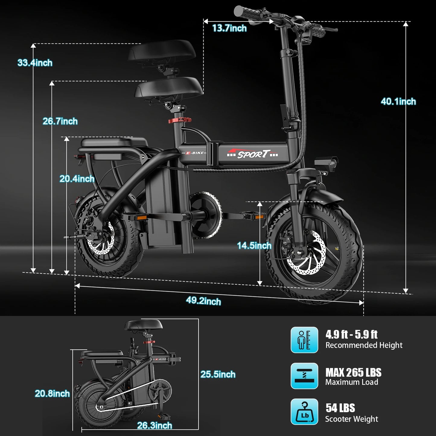 Z6 Electric Bike 500W 48V10AH,20MPH 14' Mini Ebike for City Commuter, Folding Electric Bicycle for Adult with Two Seats UL2849