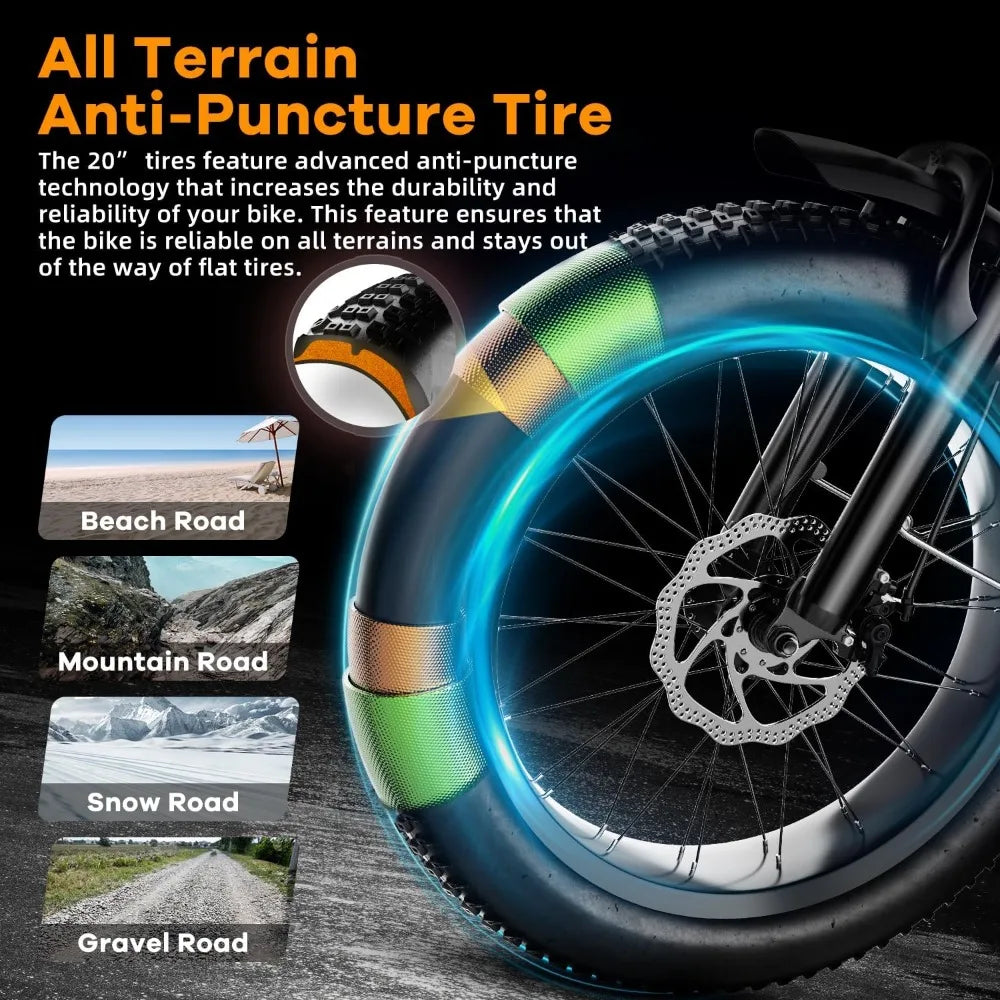 Folding Electric Bike, 48V 20AH Large Removable Battery E Bike, 30+MPH, 80 Miles Max Range, 20" Fat Tire Electric Bike