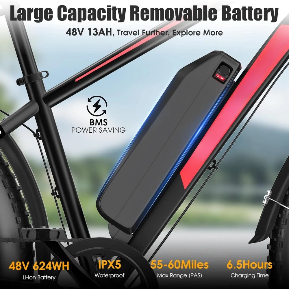 Electric Bike, Peak 1000W Ebike, 25MPH 60Miles Electric Mountain Bike with 48V 13AH Battery, 26" Fat Tire Adult Electric Bicycle