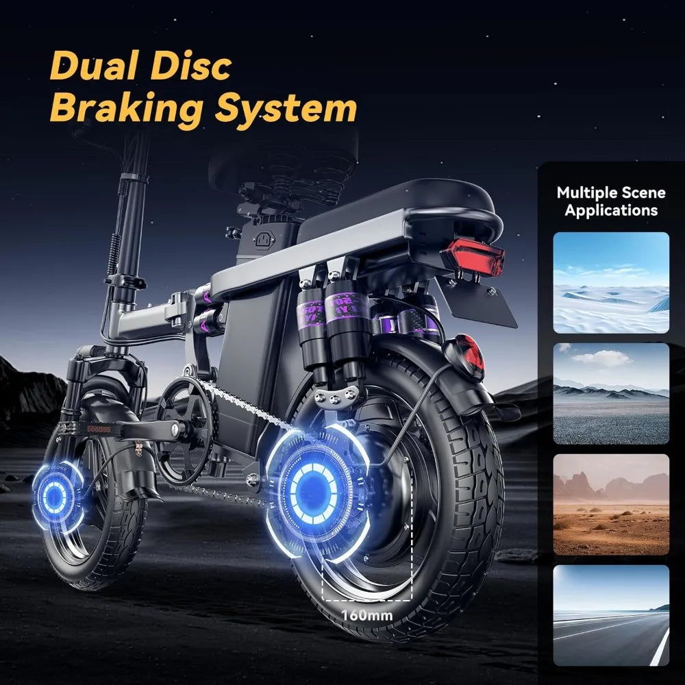 Folding Electric Bike,14” Ebikes for Adults, 500W (Peak) Motor, 22MPH Max Speed& 30 Miles Long Range, 48V 15AH Removable Battery