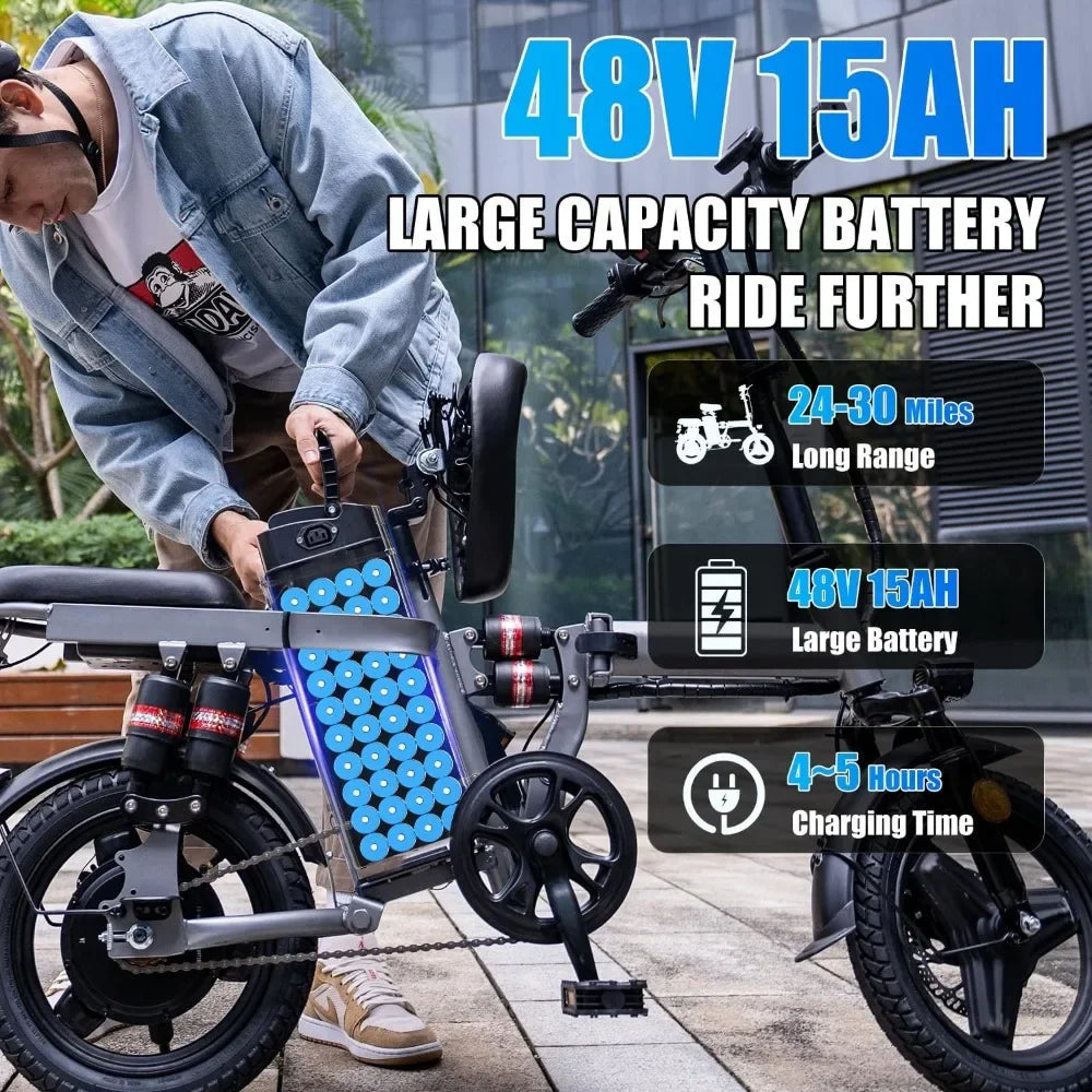 Folding Electric Bike, 500W Motor, Electric Bike for Adults, Up to 25 MPH and 30 Miles Long Range, 48V 15AH Removable Battery