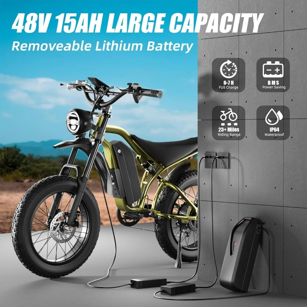 Electric Bike for Adults, Peak 1200W Motor, 20" Fat Tire, Dual Disc Brakes for Off-Road and City Riding, 7-Speed Bike