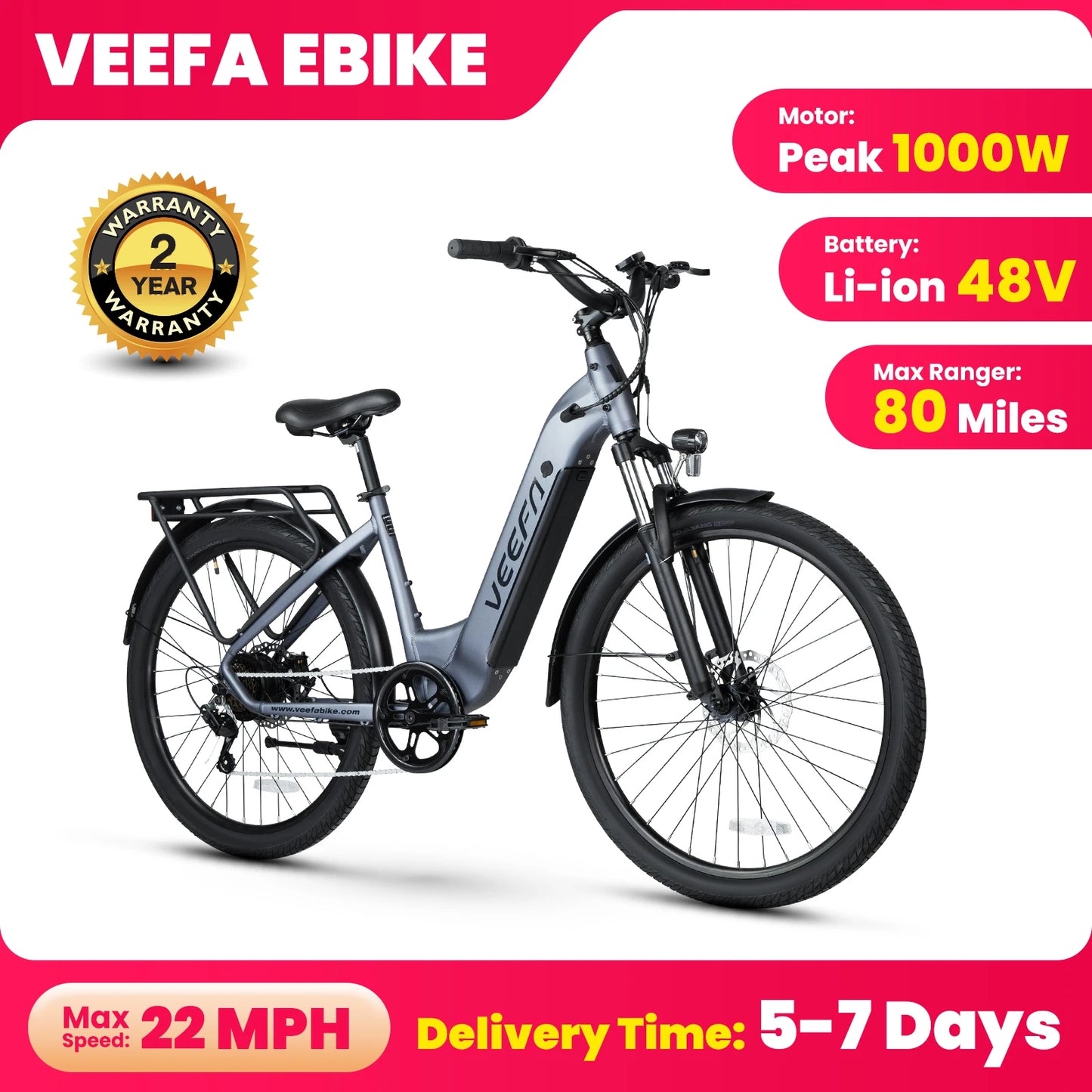 VEEFA Peak 1000W Electric Bike for Adult 27.5'' 48V Ebike Built-in Removable Battery E Bike up to 24mph 80 Miles Commuter E-Bike