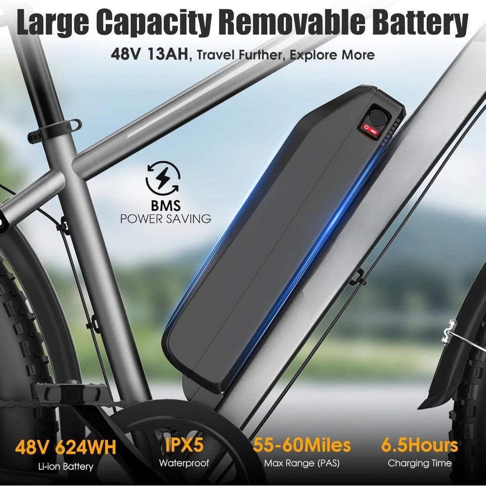 Electric Bike , 25MPH 60Miles Electric Mountain Bike,with 13AH Battery, Rear Rack, 7 Speed, Front Suspension, Turn Signal