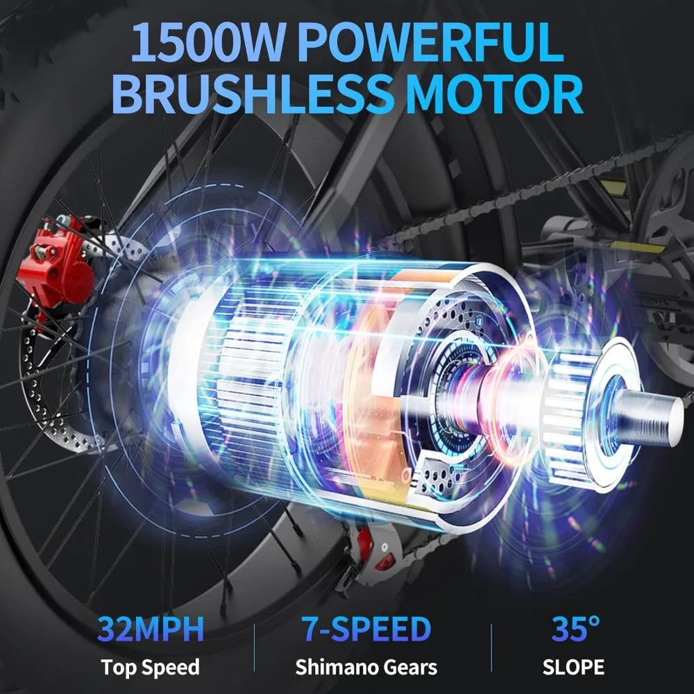 Electric Bike for Adults1500W (peak),removable 48V 20 Ah Battery Ebike,  7-Speed 20" Fat Tire Dirt Bike