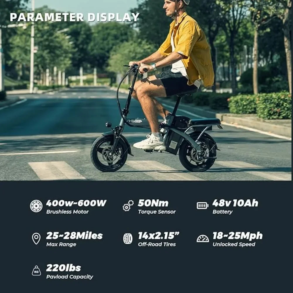 14” Tire 22Mph 400W (Peak 600W) Motor Mini Small Ebike and Multi-Shock Absorption Adjustable,Folding Electric Bikes for Adults