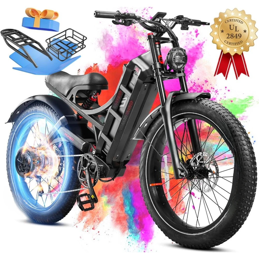 3000W/ Peak 1600W 60A Electric Bike, 26" Fat Tire Electric Mountain Bike Full Suspension Long Range 100-200 Miles EBikes