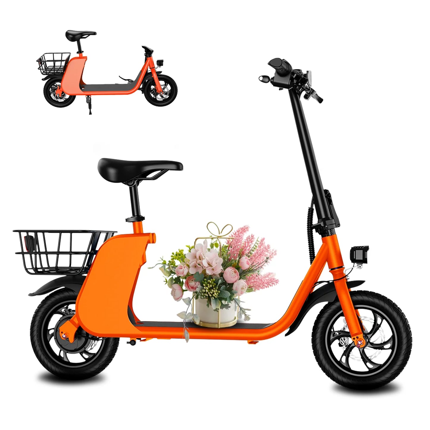450W adult electric scooter, 18MPH with seat and shopping basket for pets, suitable for women's outdoor riding electric scooter