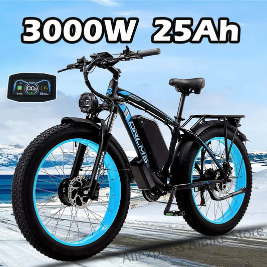 3000W Peak Dual Motor Ebike 60V 25AH Battery Electric Bike for Adults AWD 21-Speed 37MPH Mountain Snow E-Bike 24" x 4.0 Fat Tire