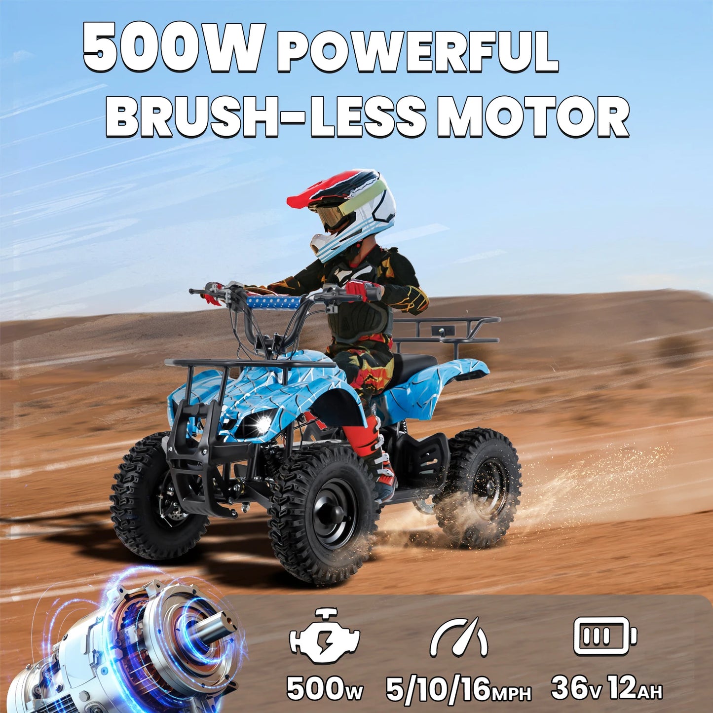 36V Electric ATV Dirt Quad Electric Four-Wheeled ATV with 500W Brushless Powerful Motor Off-Road Vehicle Electric Kids ATV Ride