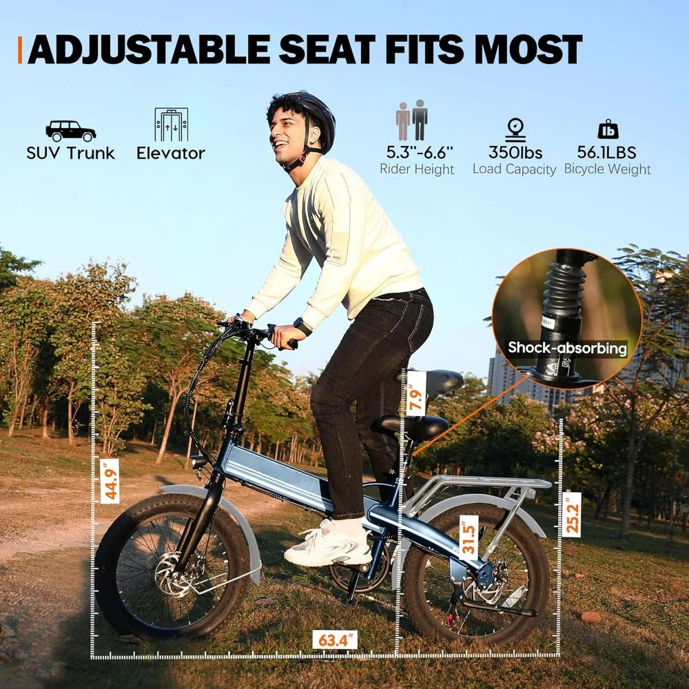 Electric Bike Peak 1000W, 55Miles 28Mph Top Speed, 20" Fat Tire Folding Electric Bicycle, 48V 10.4Ah Removable Battery Ebike