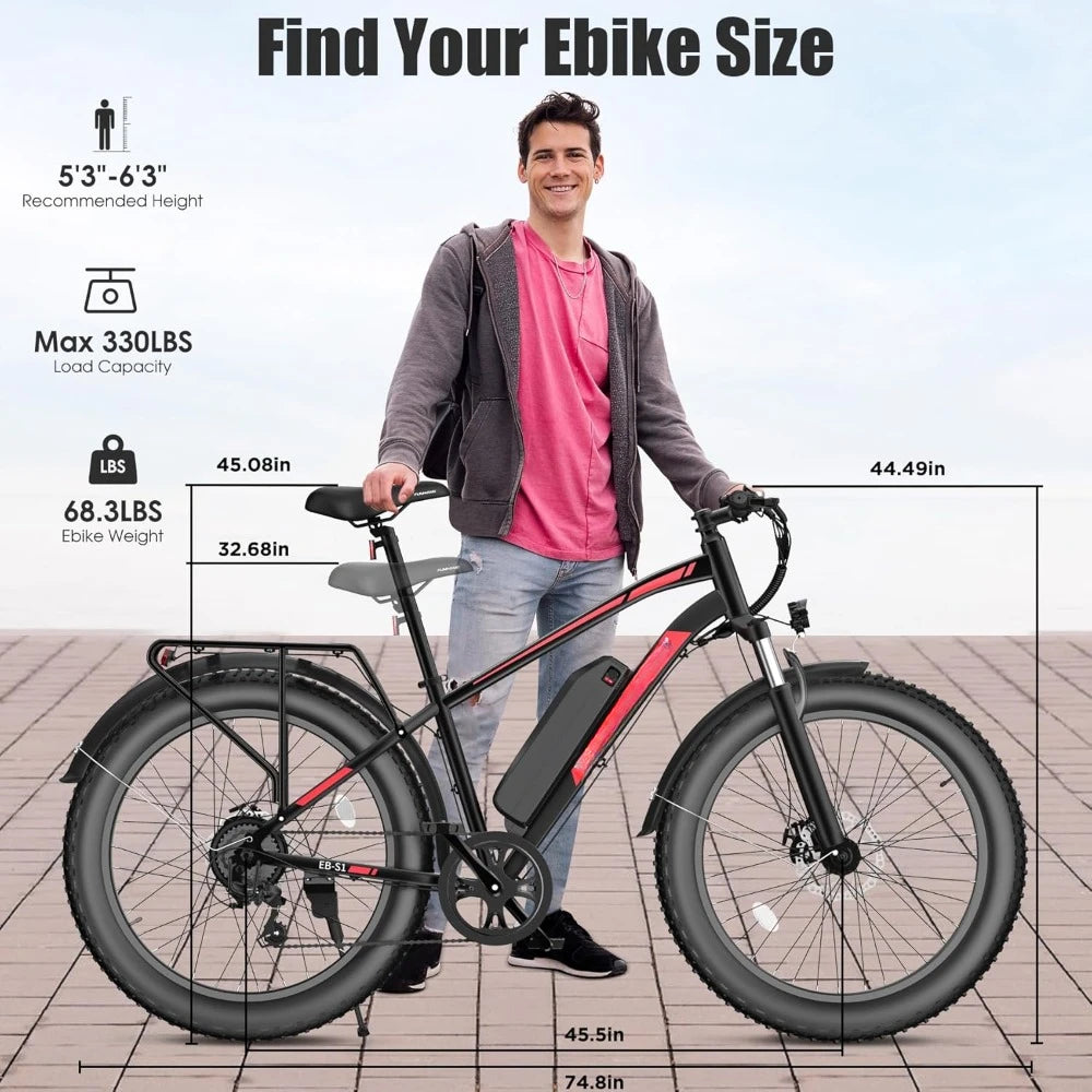 Electric Bike, Peak 1000W Ebike, 25MPH 60Miles Electric Mountain Bike with 48V 13AH Battery, 26" Fat Tire Adult Electric Bicycle