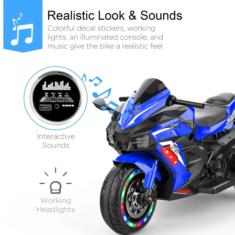 Electric Motorcycle for Kids, 12V Battery Powered Ride on Vehicles 3 Wheels Motorcycle with LED Lights, Bluetooth Music, Blue