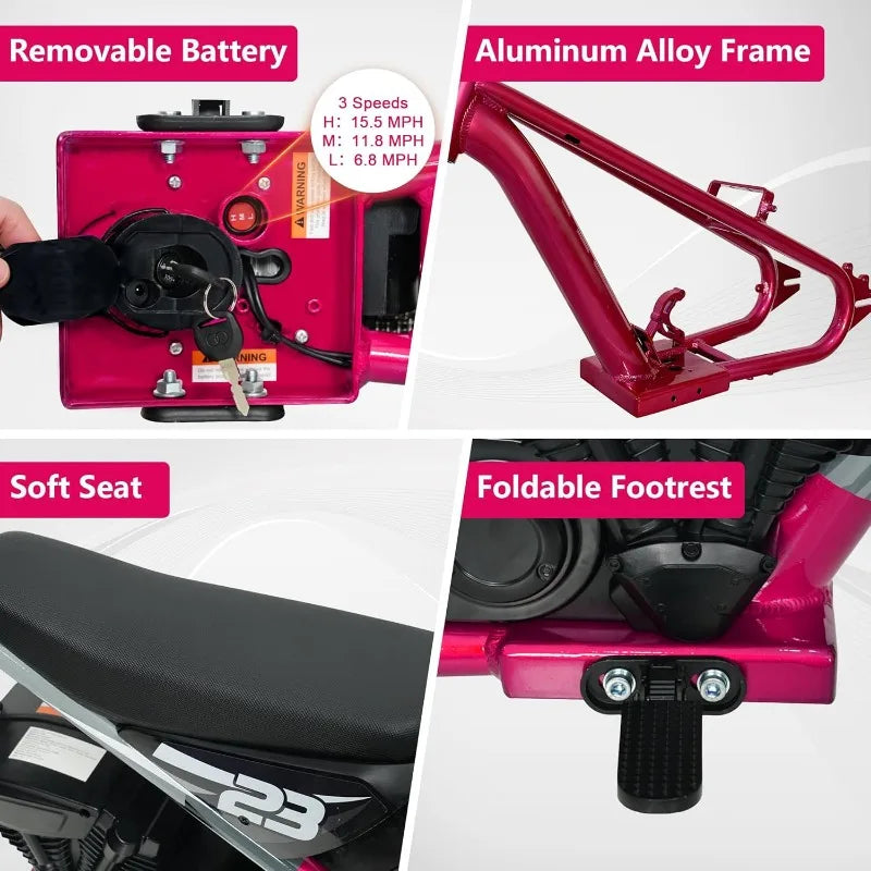 Electric Dirt Bike Kids Ages 6-12, 250W Motorcycle Up 5.5MPH 24V Detachable Battery 16'' Inflatable Tire Balance Bike(Pink)