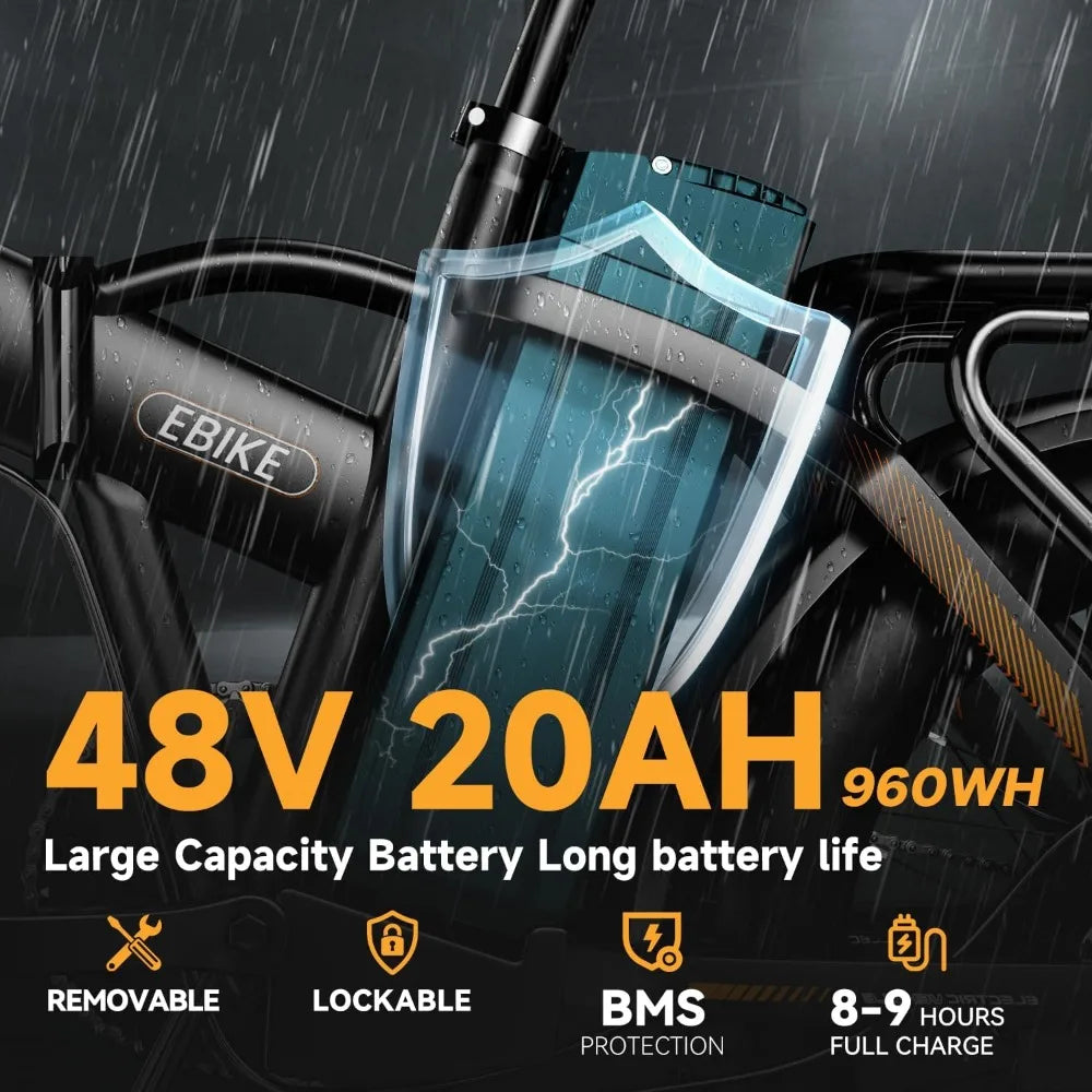 Folding Electric Bike, 48V 20AH Large Removable Battery E Bike, 30+MPH, 80 Miles Max Range, 20" Fat Tire Electric Bike