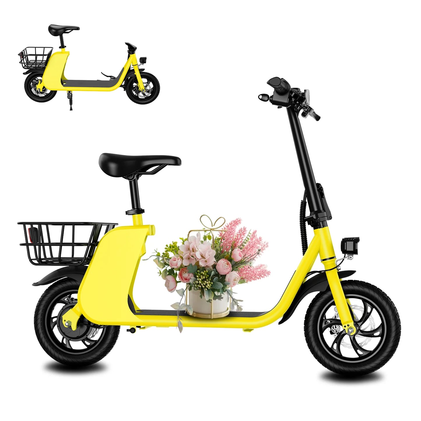 450W adult electric scooter, 18MPH with seat and shopping basket for pets, suitable for women's outdoor riding electric scooter