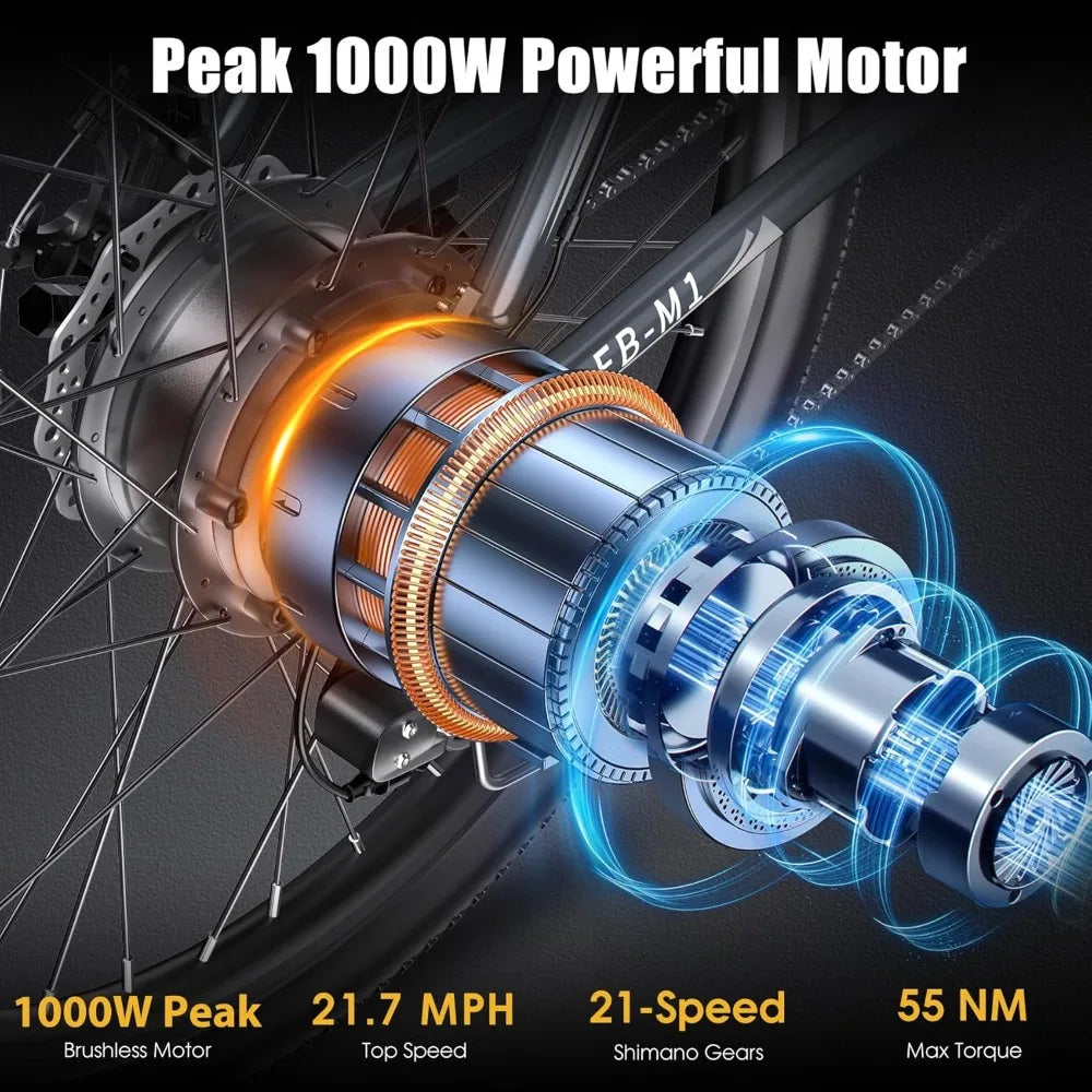 Electric Bike, Peak 1000W Ebike, 26" Electric Mountain Bike 48V 374.4WH Battery with Adjustable Stem, Commuter E Bike
