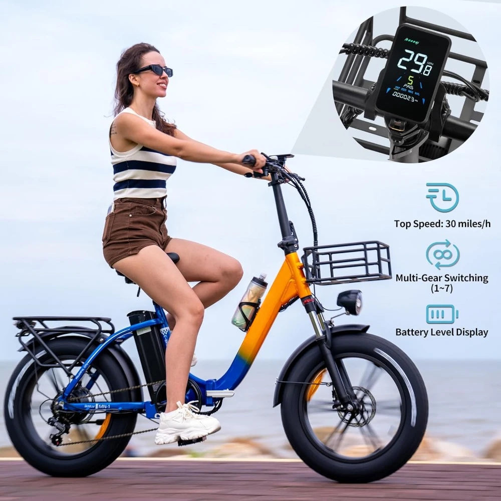 Electric Bike for Adults, Step-Thru Commuter Electric Bicycle with 20'' Fat Tire, 7-Speed Folding Ebike