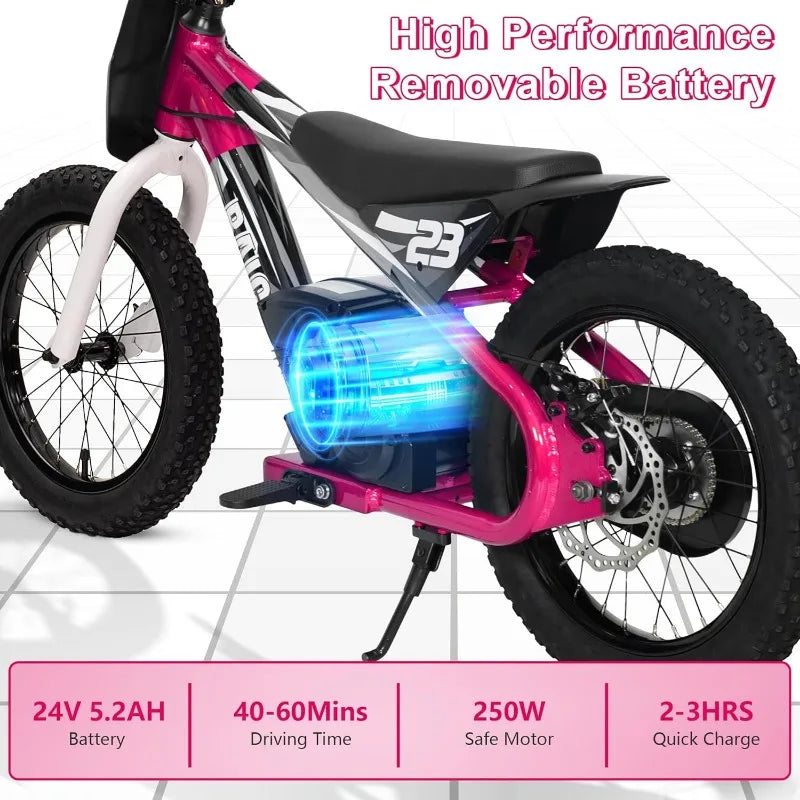 Electric Dirt Bike Kids Ages 6-12, 250W Motorcycle Up 5.5MPH 24V Detachable Battery 16'' Inflatable Tire Balance Bike(Pink)