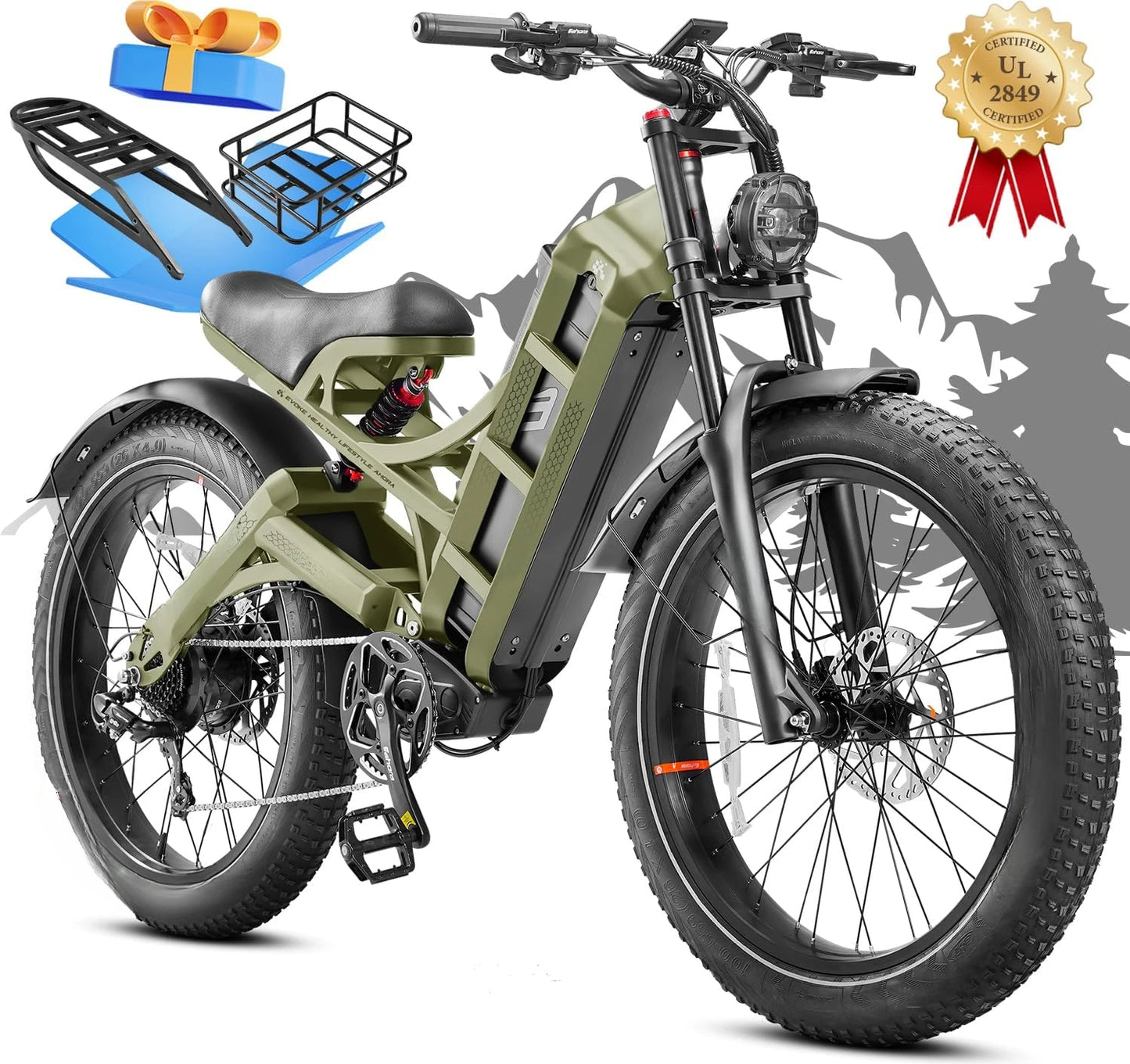 3000W/ Peak 1600W 60A Electric Bike, 26" Fat Tire Electric Mountain Bike Full Suspension Long Range 100-200 Miles EBikes