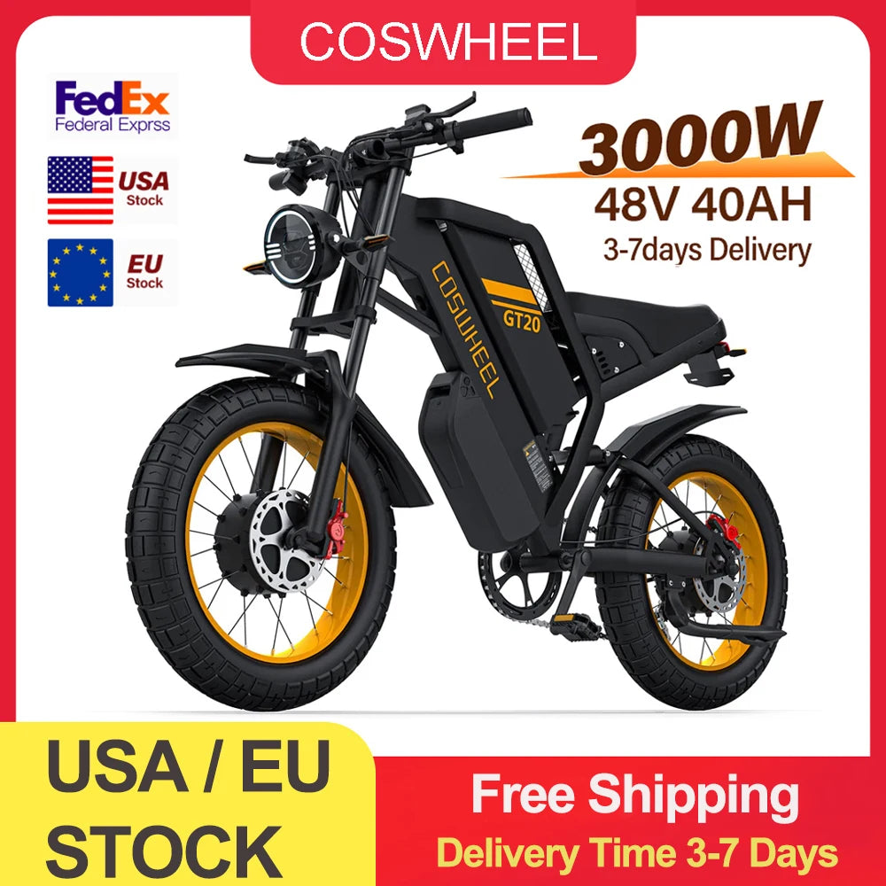 Coswheel Electric bike 3000W GT20 PRO Off Road Electric Motorcycle 48V 40AH Dual Battery Mountain bikes Fat Tires Ebike