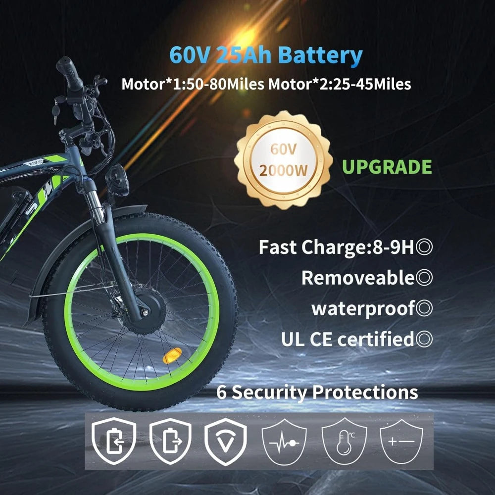 Electric Bike, 38MPH 80Miles Electric Mountain Bike, 24" Fat Tire Electric Bicycle with 60V 25AH Battery, 7 Speed, 3000W Ebike