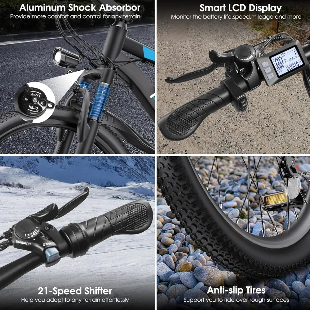 Electric Bike,50Miles 21.7MPH,48V 374.4WH Battery, Commuter E Bike with Adjustable Stem, Fenders, 21 Speed