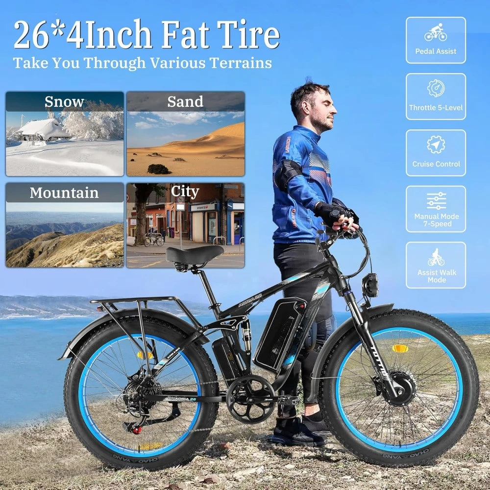 Dual-Motor 5000W/3000W Peak Electric-Bike for Adults-Women-Men - 52V 30AH/25AH, 40MPH/38MPH, Full Suspension Ebikes