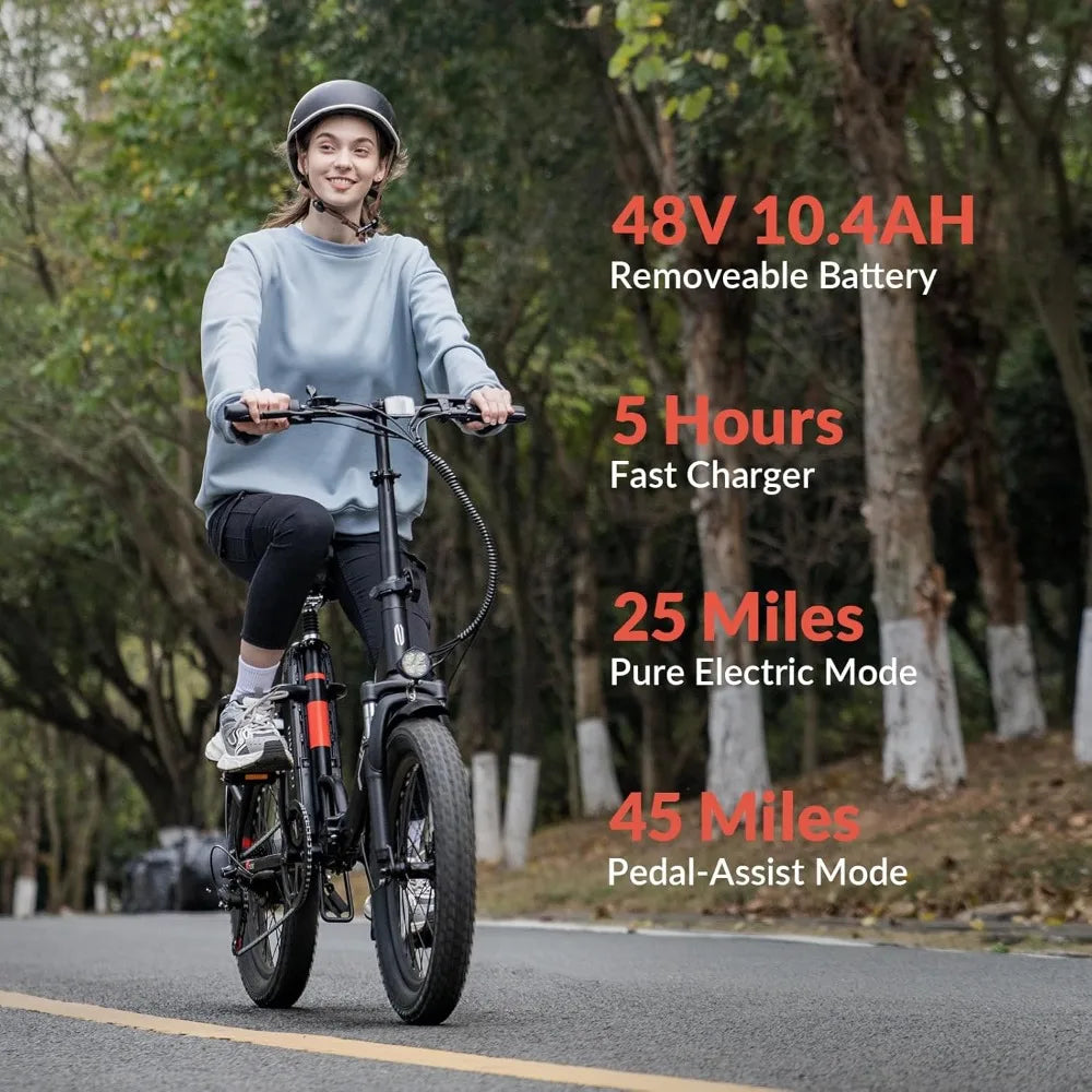 20" Fat Tire Step-Thru Electric Bicycle, 900W Peak Motor 45 Miles 20MPH Top Speed, Dual Suspension & 7-Speed Folding Ebike
