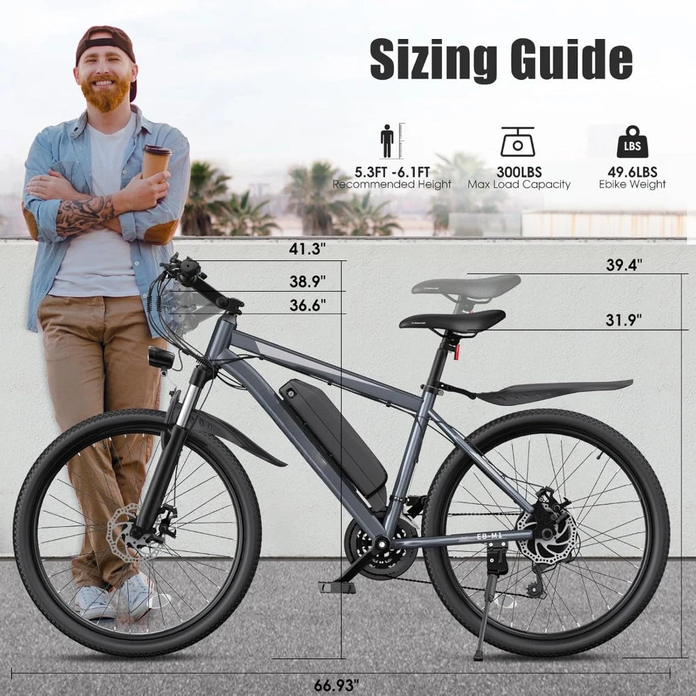 Electric Bike, Peak 1000W Ebike, 26" Electric Mountain Bike 48V 374.4WH Battery with Adjustable Stem, Commuter E Bike