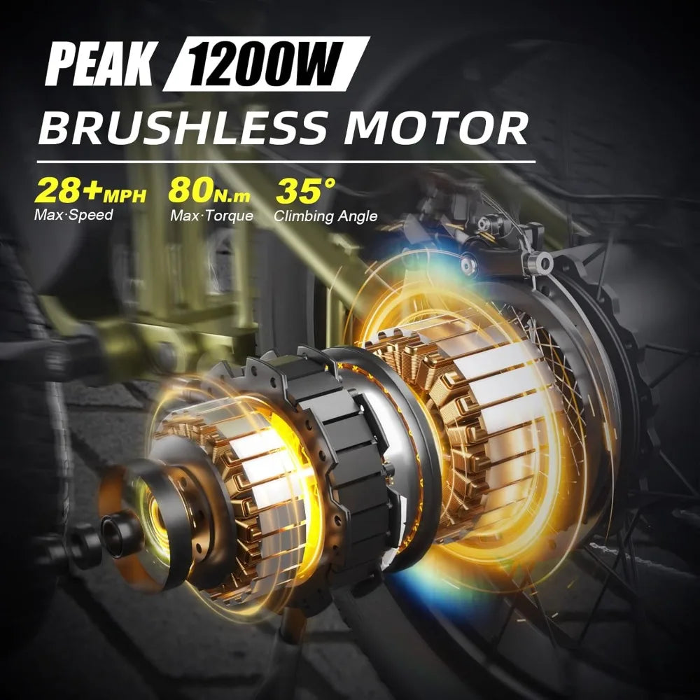 Electric Bike for Adults, Peak 1200W Motor, 20" Fat Tire, Dual Disc Brakes for Off-Road and City Riding, 7-Speed Bike