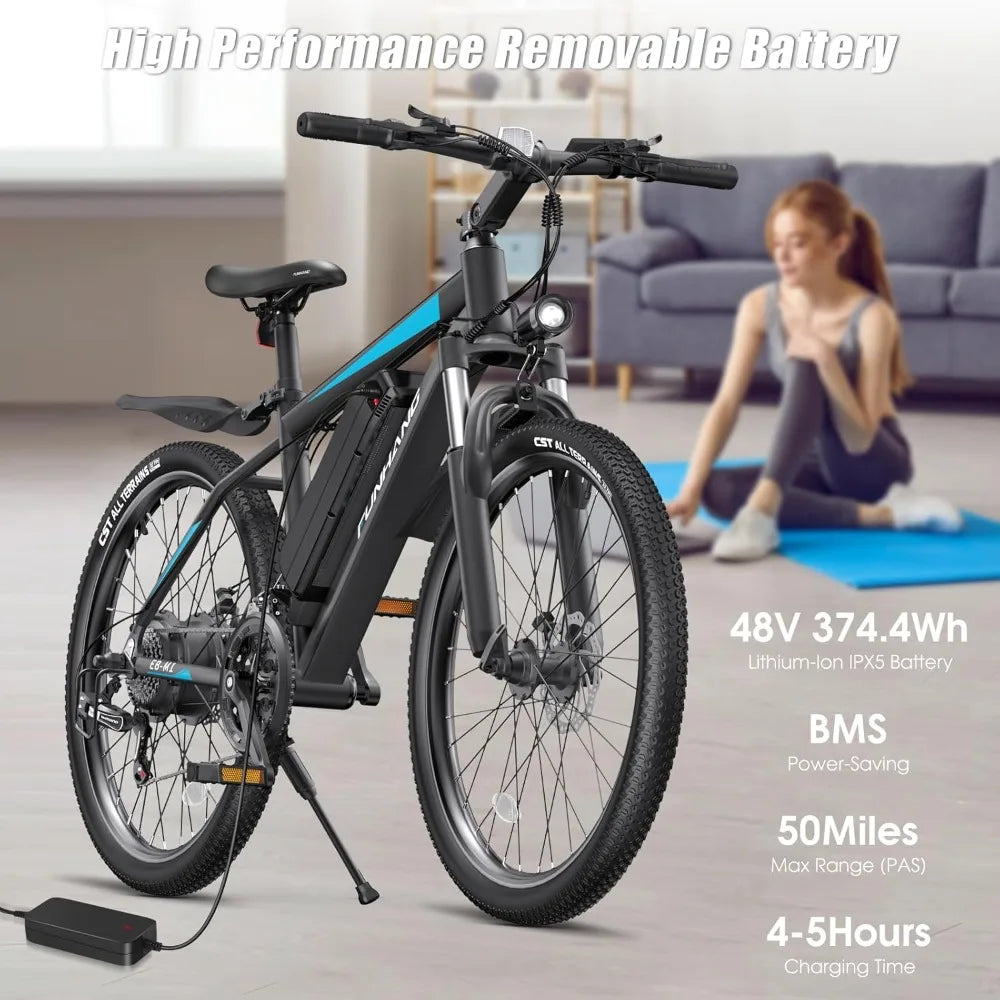 Electric Bike,50Miles 21.7MPH,48V 374.4WH Battery, Commuter E Bike with Adjustable Stem, Fenders, 21 Speed