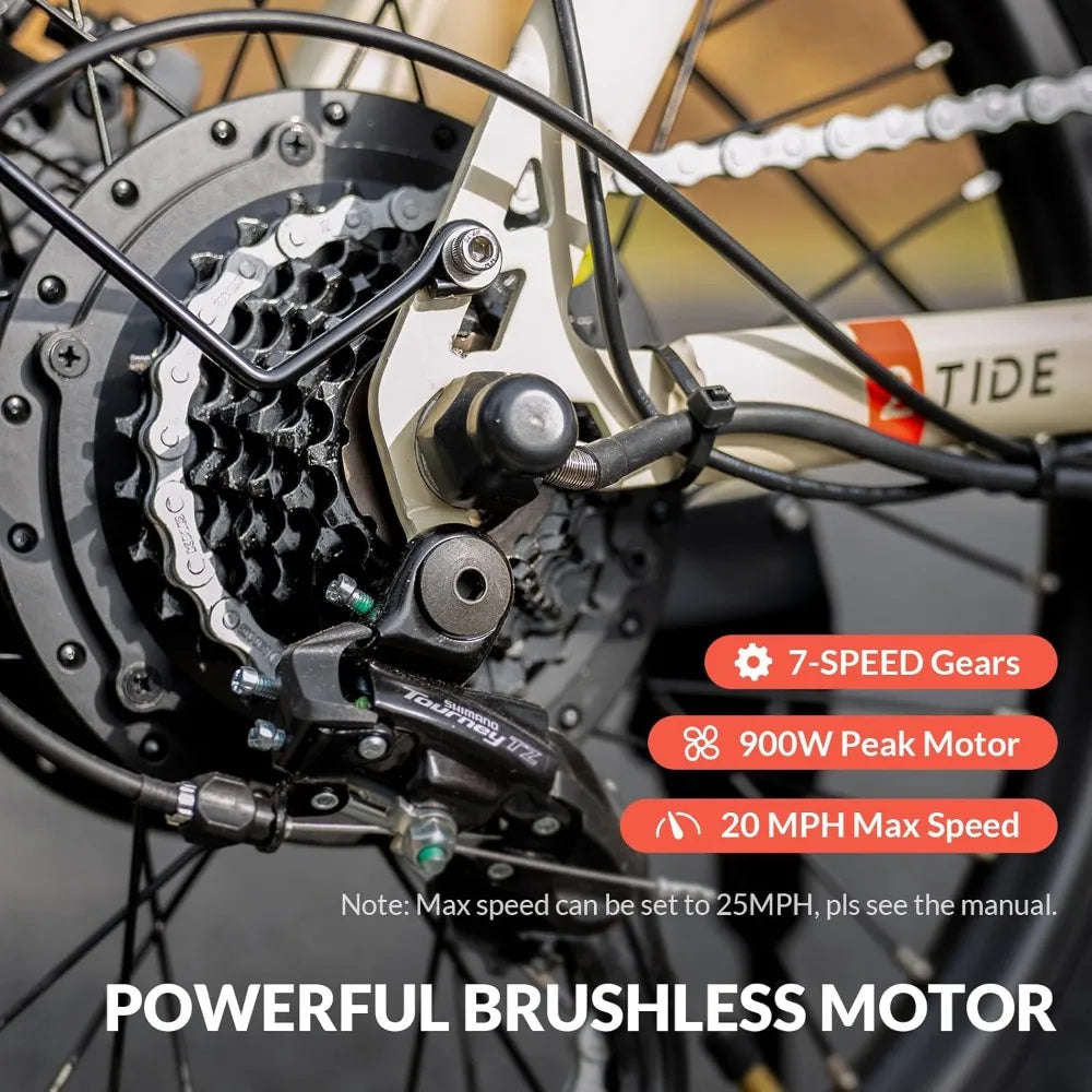 20" Fat Tire Step-Thru Electric Bicycle, 900W Peak Motor 45 Miles 20MPH Top Speed, Dual Suspension & 7-Speed Folding Ebike