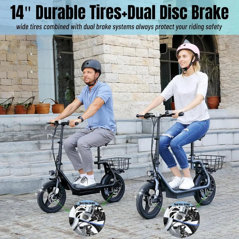 Adult electric scooter 14 inch tire, adjustable electric scooter with seat and basket, electric bike for adults and teenagers