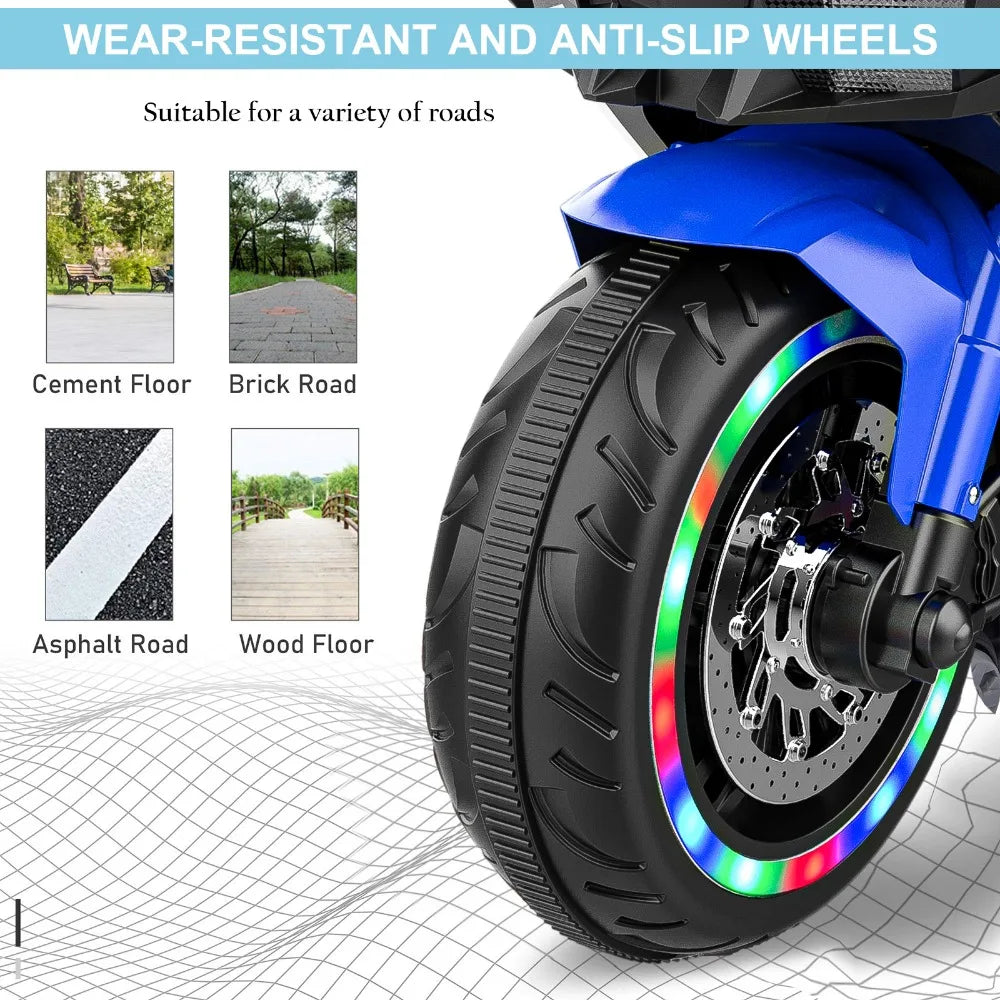 Electric Motorcycle for Kids, 12V Battery Powered Ride on Vehicles 3 Wheels Motorcycle with LED Lights, Bluetooth Music, Blue