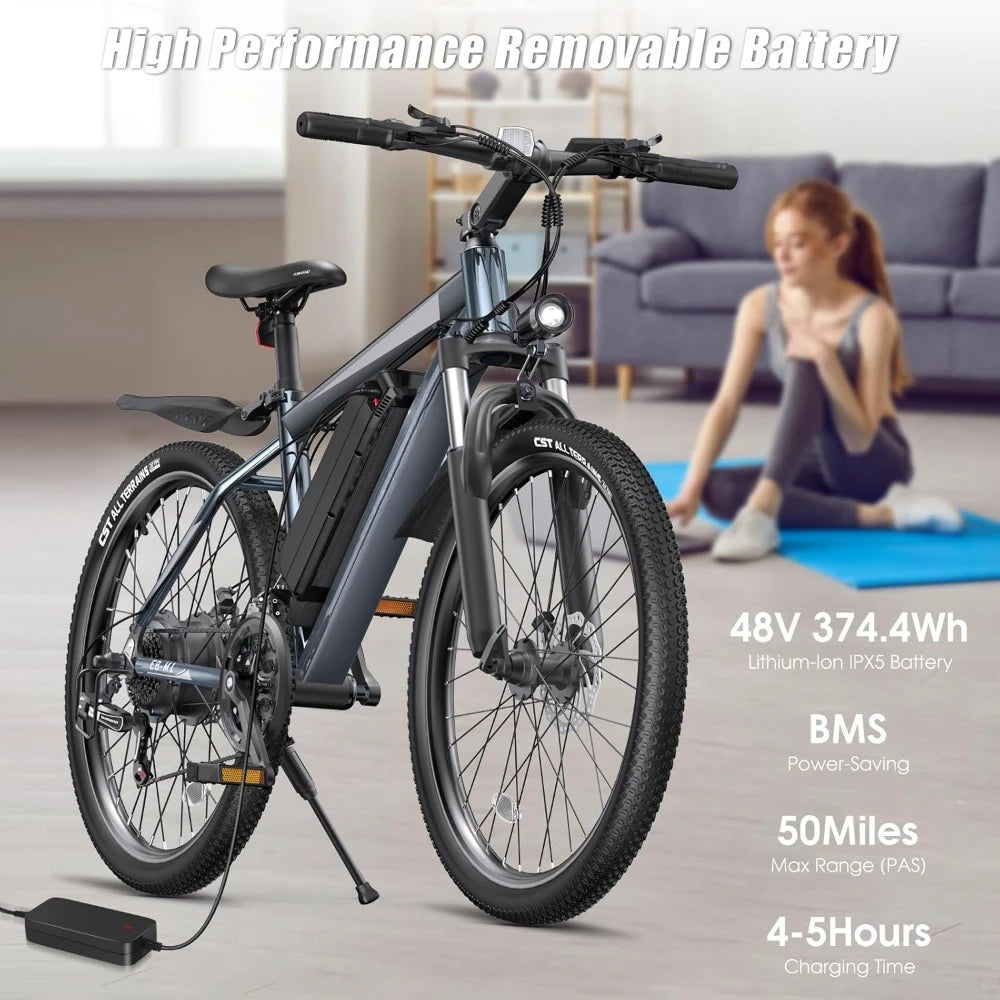 Electric Bike, Peak 1000W Ebike, 26" Electric Mountain Bike 48V 374.4WH Battery with Adjustable Stem, Commuter E Bike