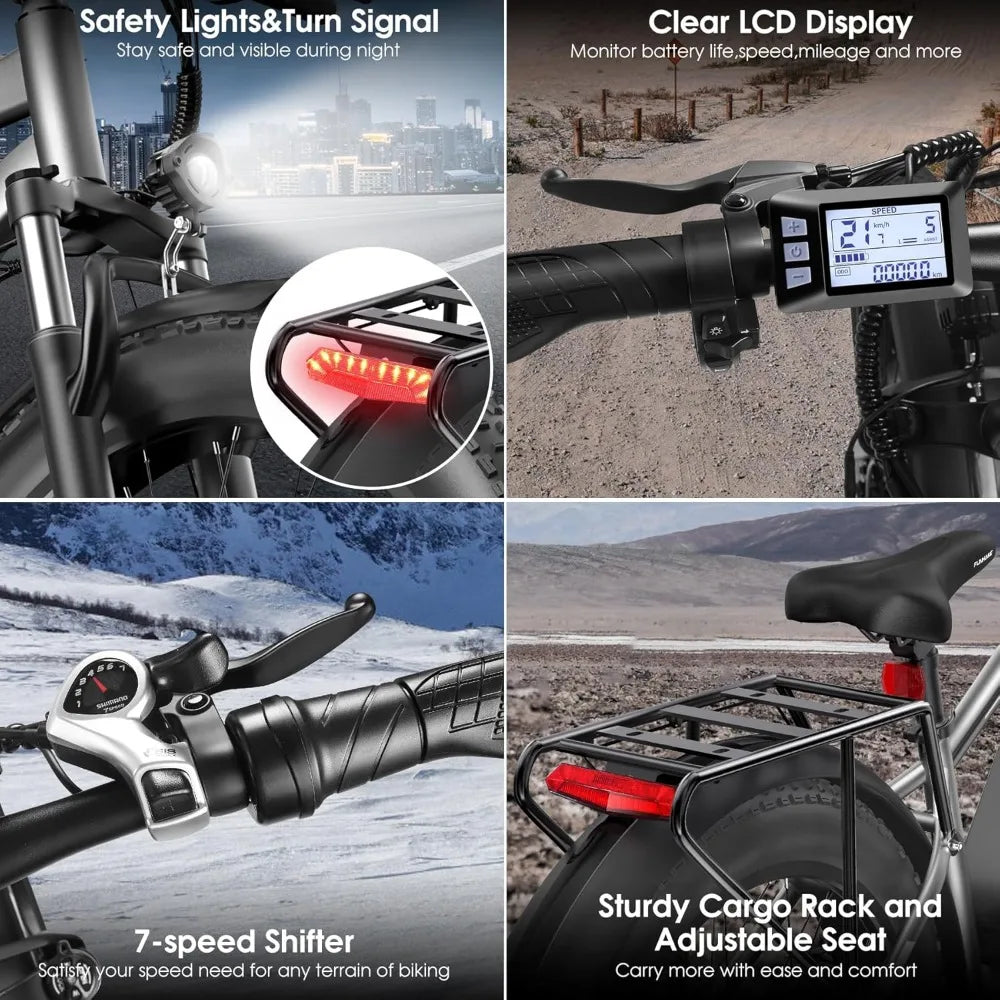 Electric Bike , 25MPH 60Miles Electric Mountain Bike,with 13AH Battery, Rear Rack, 7 Speed, Front Suspension, Turn Signal