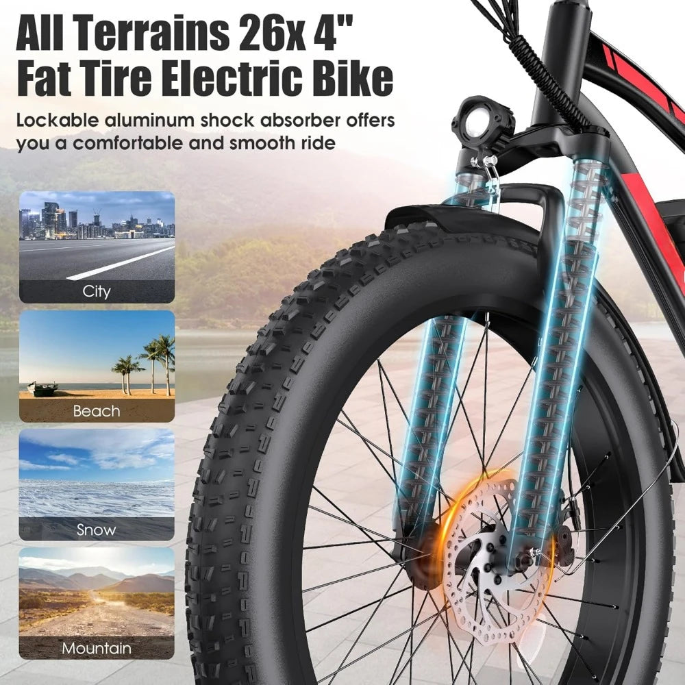 Electric Bike, Peak 1000W Ebike, 25MPH 60Miles Electric Mountain Bike with 48V 13AH Battery, 26" Fat Tire Adult Electric Bicycle