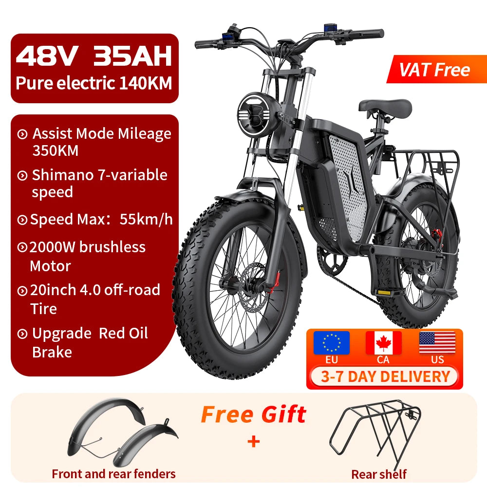 EKX X20 Electric Bike Mountain Moped Ebike 20 Inch Fat Tire 2000W 48V 35AH Men's Road EBike Electric Bicycle For Adults E Bikes