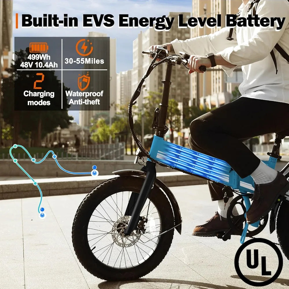 Electric Bike Peak 1000W, 55Miles 28Mph Top Speed, 20" Fat Tire Folding Electric Bicycle, 48V 10.4Ah Removable Battery Ebike