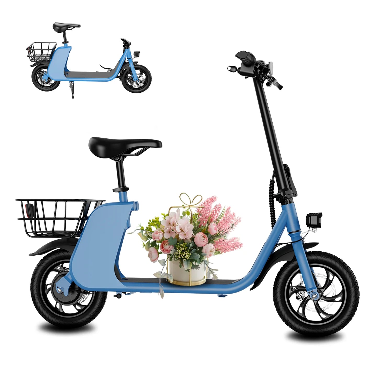 450W adult electric scooter, 18MPH with seat and shopping basket for pets, suitable for women's outdoor riding electric scooter