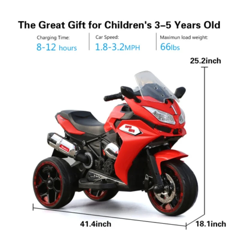 Kids Ride On Motorcycle 12V Electric Battery Powered Ride On Bike with 3 Light Wheels Led Lights Music for Kids 3-10 Years Old
