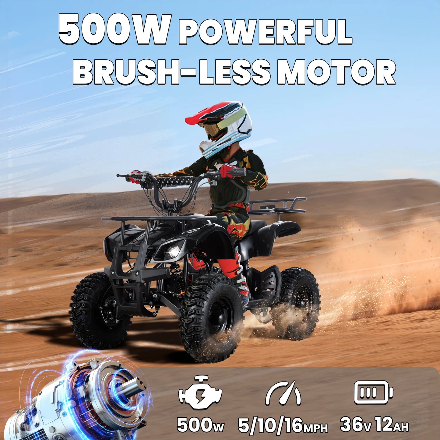 36V Electric ATV Dirt Quad Electric Four-Wheeled ATV with 500W Brushless Powerful Motor Off-Road Vehicle Electric Kids ATV Ride